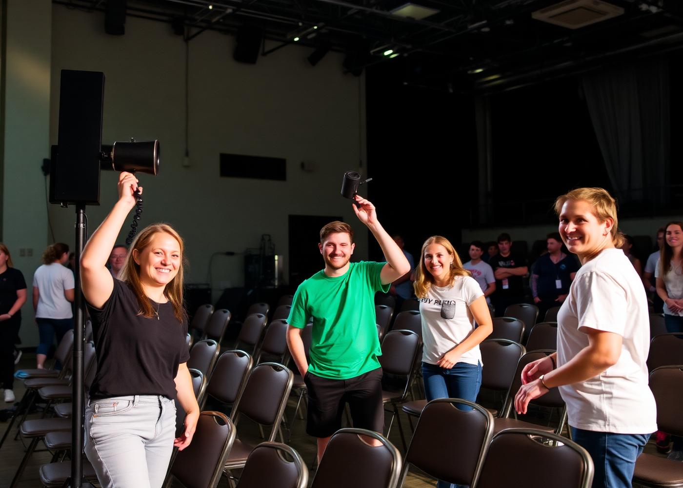 Vrijwilligers richten de zaal en het licht in voor een voorstelling